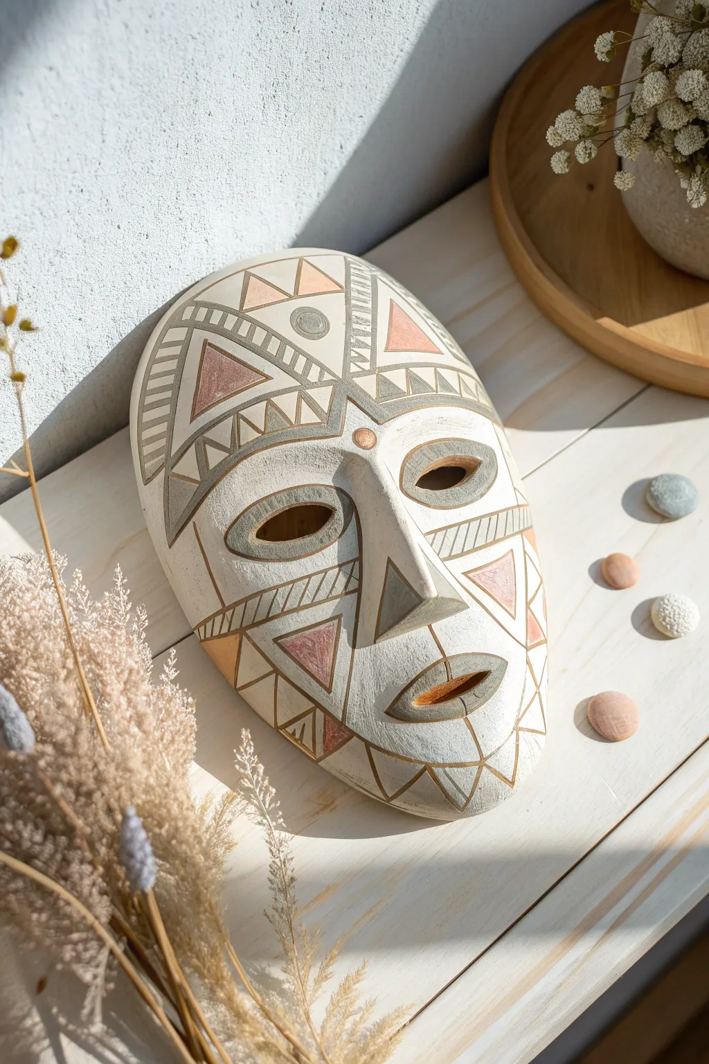 Embrace the art of simplicity with this geometric pattern mask, where minimalist design meets bohemian charm.