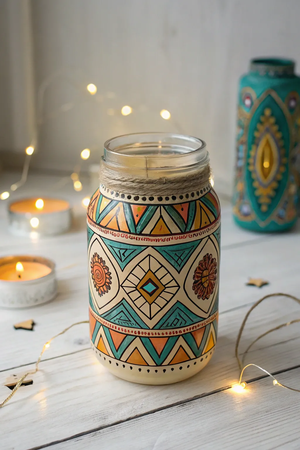 Illuminate your space with boho elegance: a vibrant mason jar masterpiece.