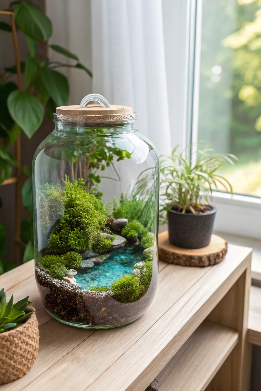 Bring a touch of tranquility to your space with this water-themed mason jar terrarium, where nature meets minimalism.