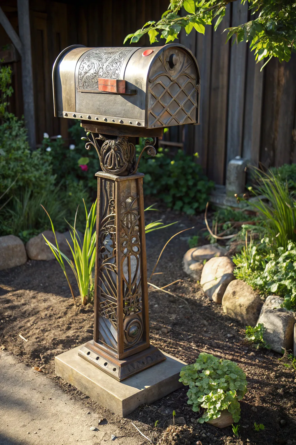 Sustainable style meets modern design in this recycled metal mailbox post.