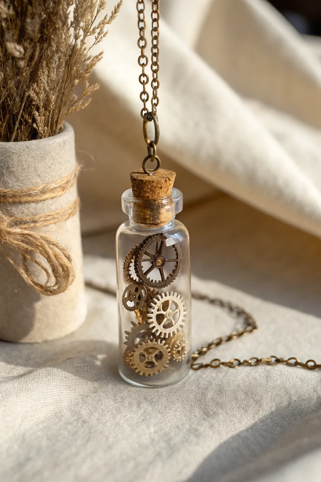 Unlock time's secrets with this enchanting steampunk bottle charm.