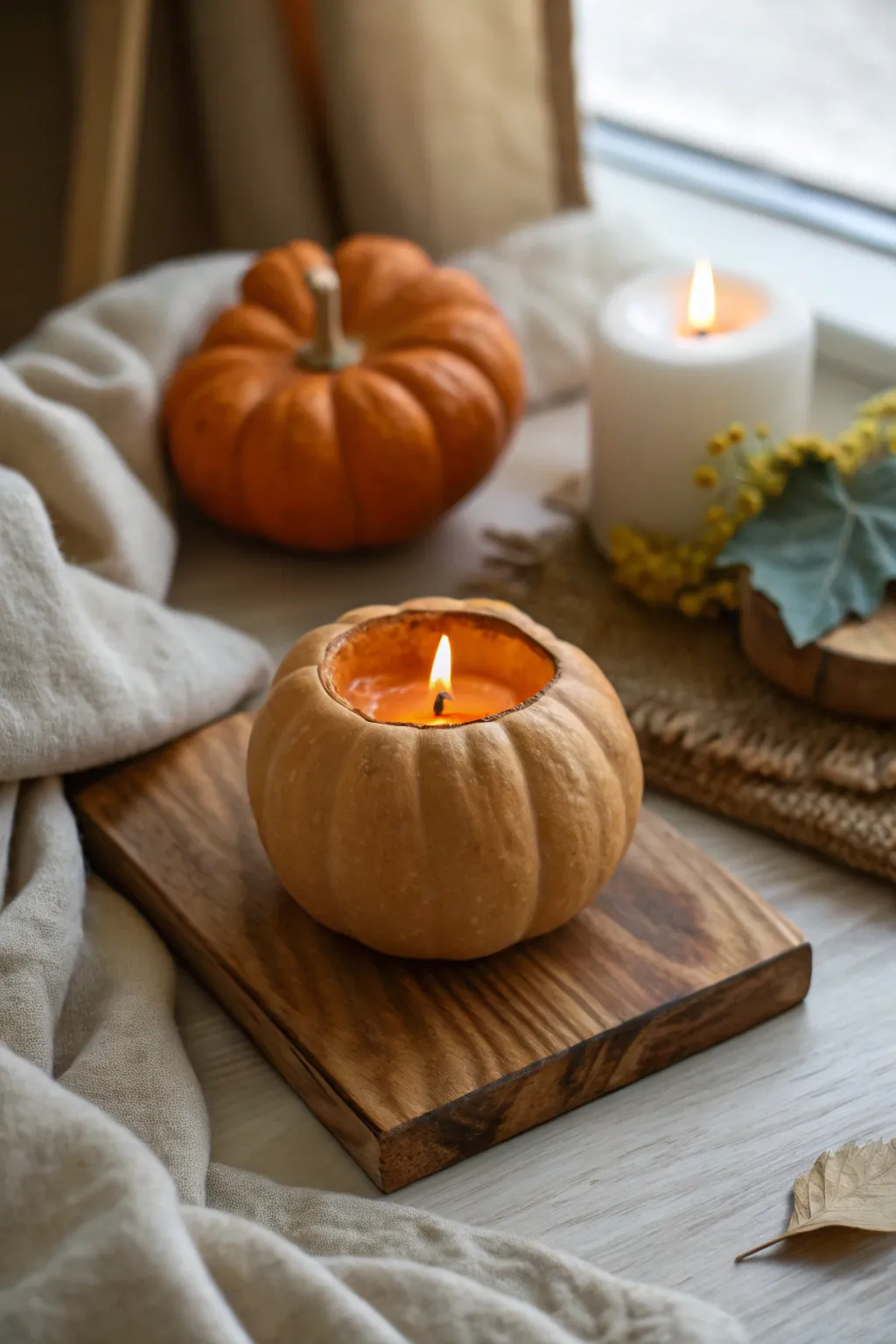 Create a cozy autumn atmosphere with these charming pumpkin candle holders, blending minimalist elegance with natural beauty.