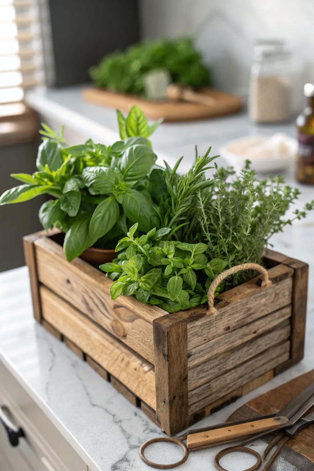 Elevate your kitchen with a touch of nature: a mini herb garden in a charming wooden crate.