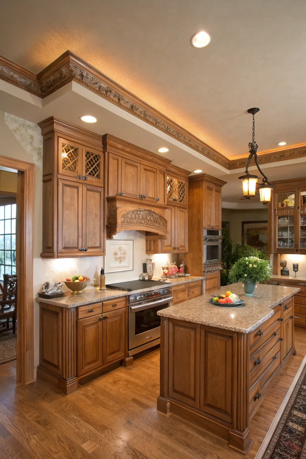 Natural wood finish crown molding in an inviting kitchen.