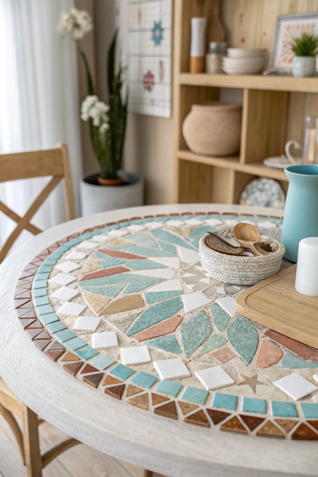 Discover the charm of mixed media with this minimalist mosaic masterpiece, where craftsmanship meets natural beauty.