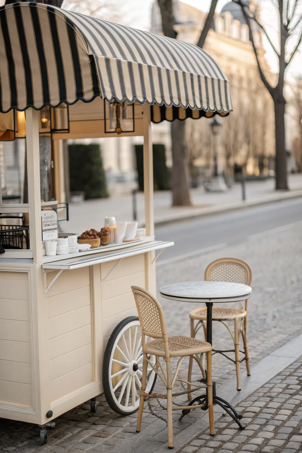 Take a coffee break and be whisked away to a quaint Parisian café with this charming themed mobile coffee cart.