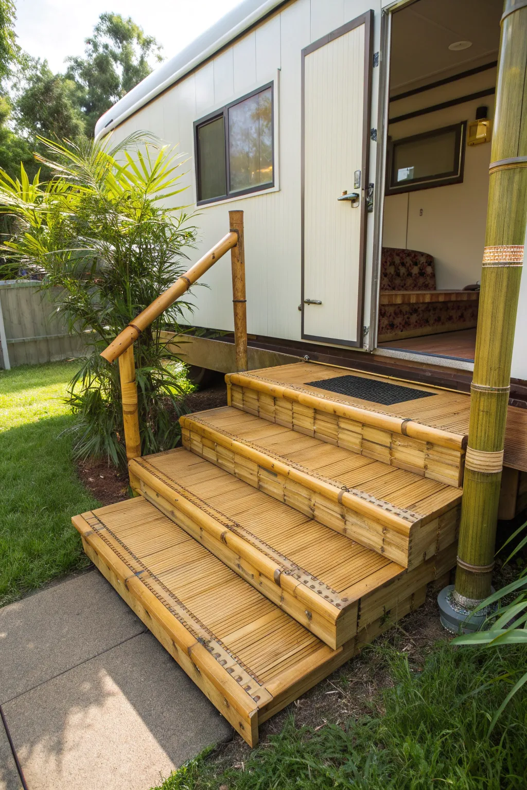Step into sustainability with style: Bamboo stairs for an eco-friendly mobile home entrance.