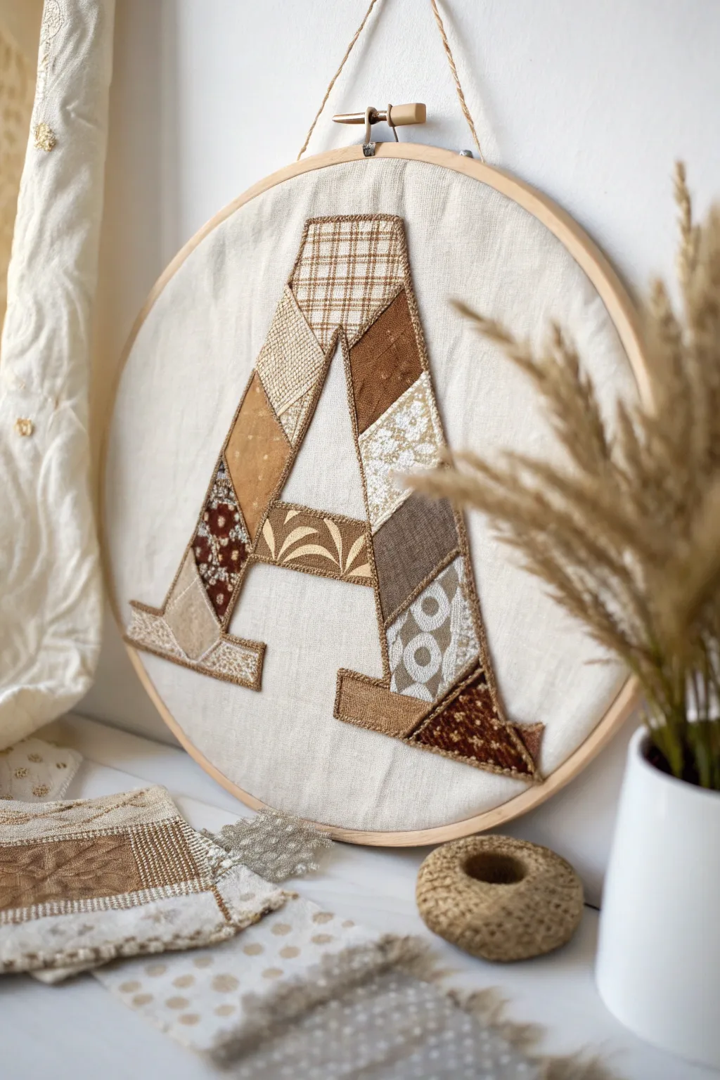 Turn fabric scraps into sustainable art: A charming fabric appliqué monogram that adds a touch of softness and eco-friendly elegance to your space.