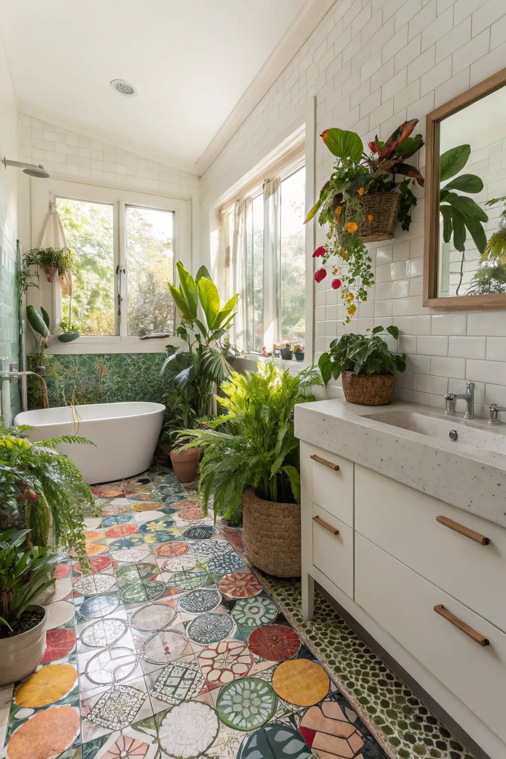 Greenery adds a fresh touch to the bathroom's mosaic floor design.