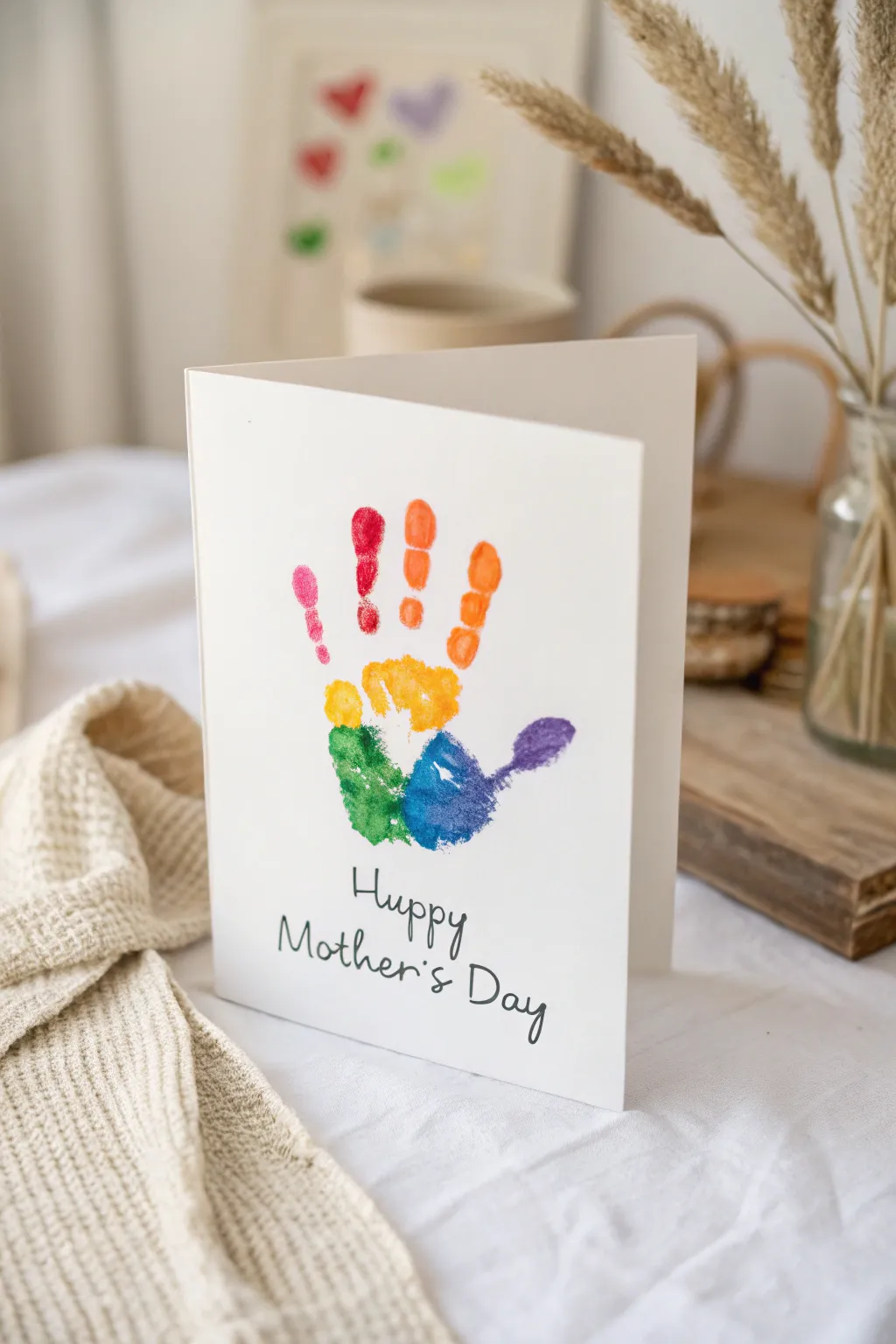 Celebrate Mother's Day with a vibrant touch of minimalism – a handcrafted rainbow handprint card that speaks volumes in simplicity.