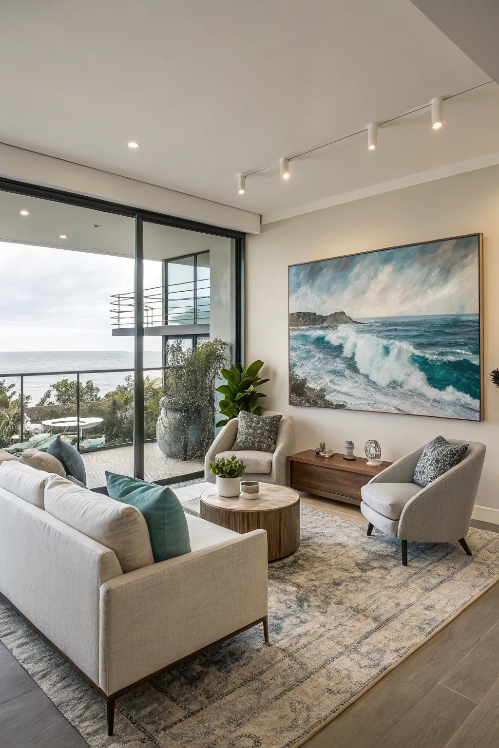 Add artistic flair with abstract ocean form paintings.