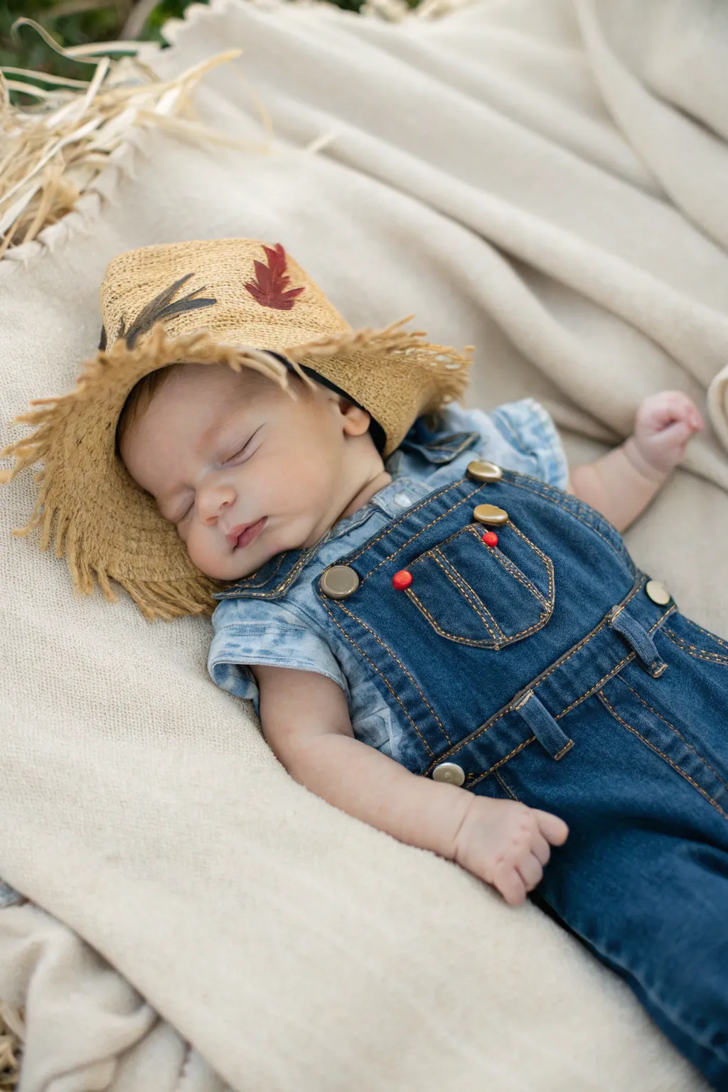 Adorable in Overalls: Newborn's First Halloween as a Tiny Scarecrow