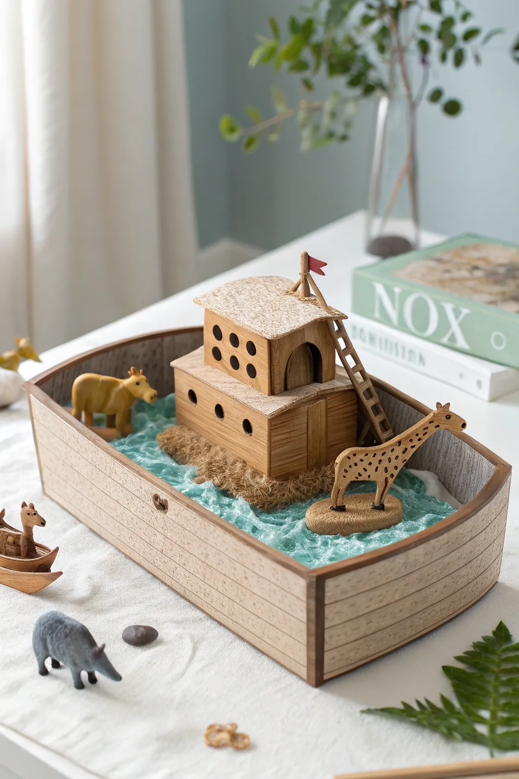 Craft your own serene Noah's Ark diorama with natural materials and minimalist charm. 🌿✨