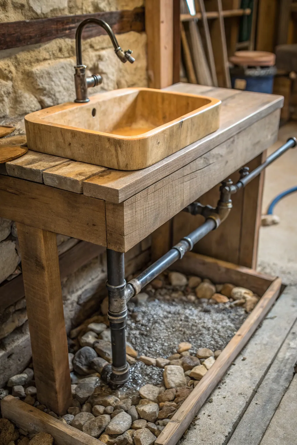 Innovative and efficient: A French drain system under a rustic sink for optimal off-grid living.