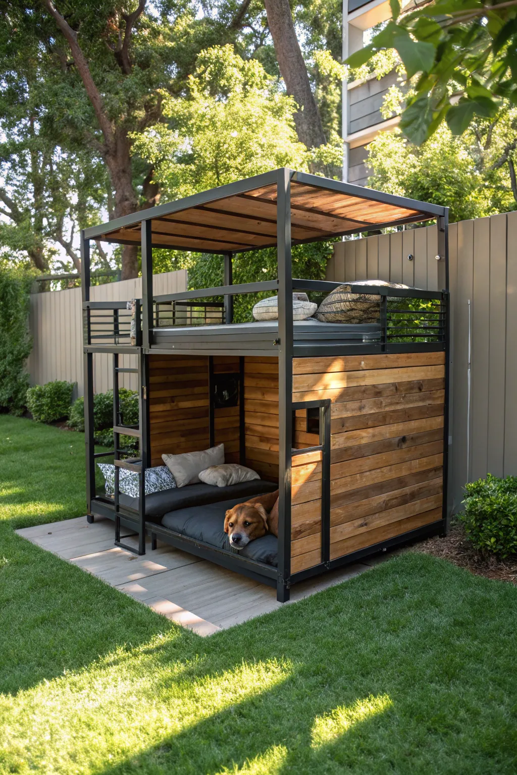 Elevate your pup's comfort with this dual-level dog kennel—where style meets function.