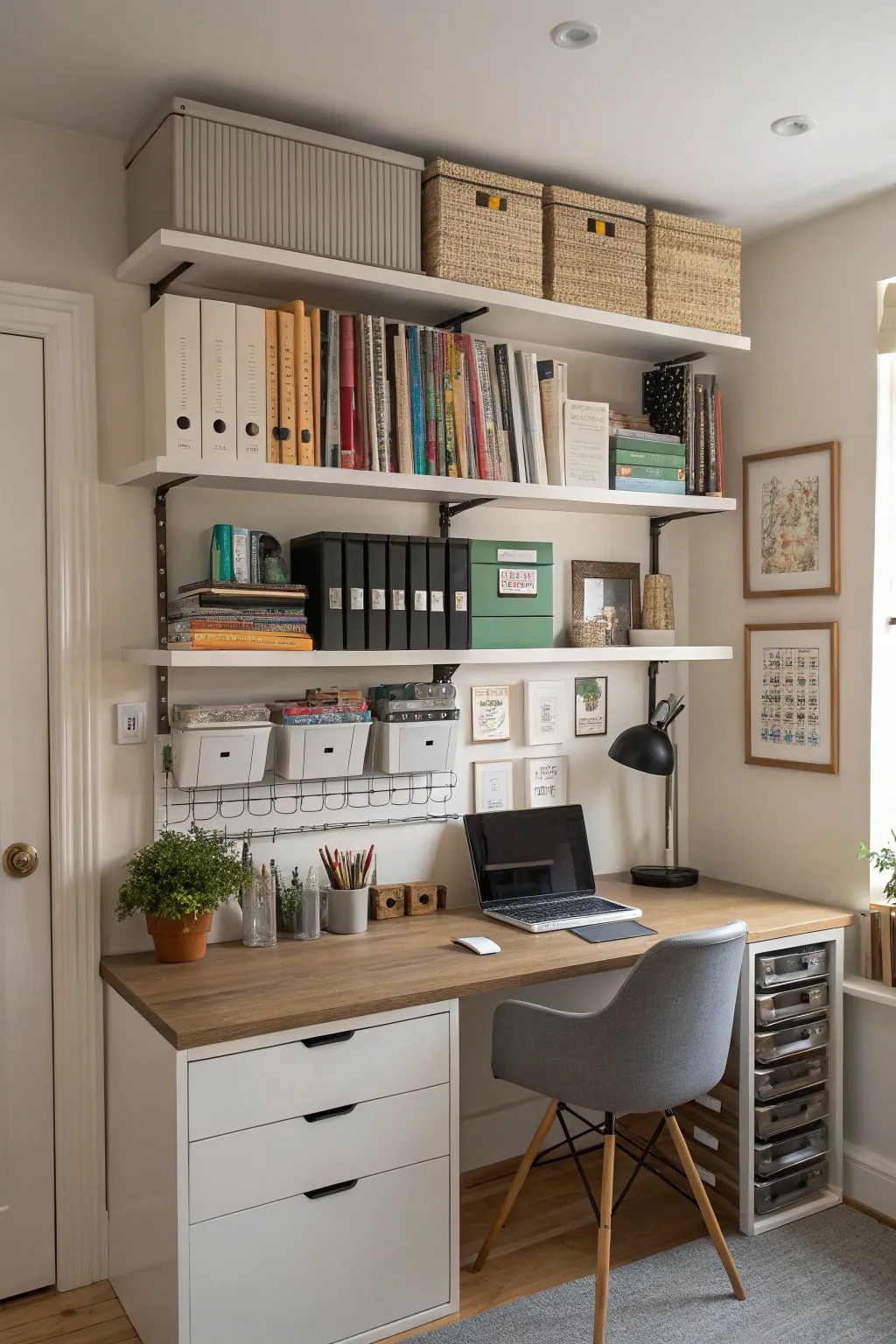 A home office with vertical shelves and wall organizers.