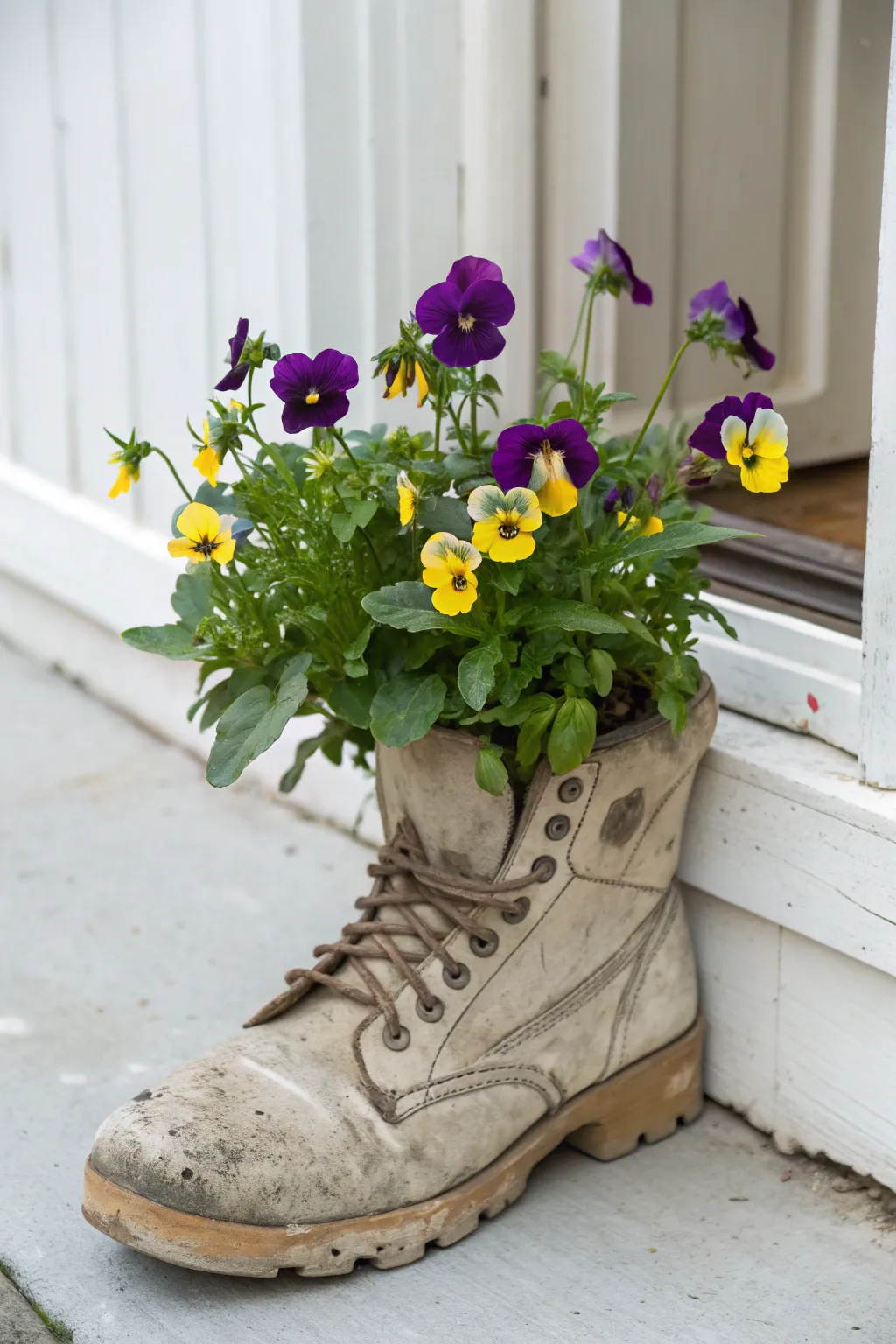 Breathe new life into old boots with seasonal blooms—spring's vibrant pansies in an unexpected planter.