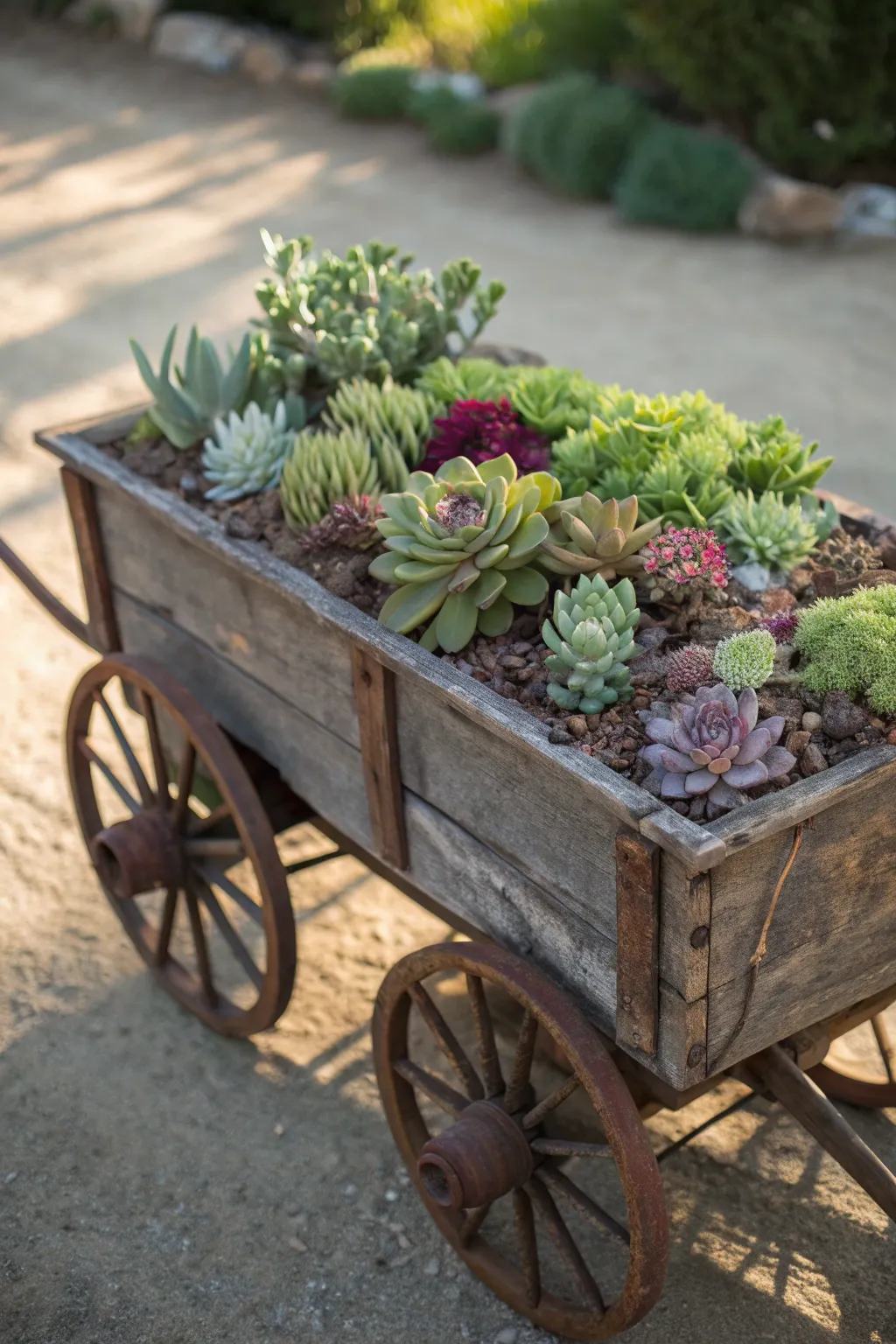 Transform your space with an artful plant display in a vintage wagon.