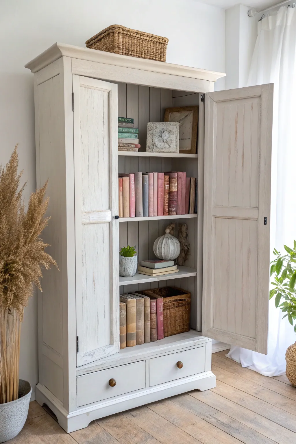 Breathe new life into an old wardrobe by transforming it into a chic, minimalistic bookshelf. Perfect for your cozy reading nook!