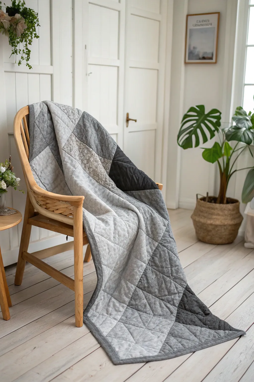 Embrace the elegance of simplicity with this ombre quilt masterpiece in grey tones—perfect for minimalist and boho-inspired spaces.
