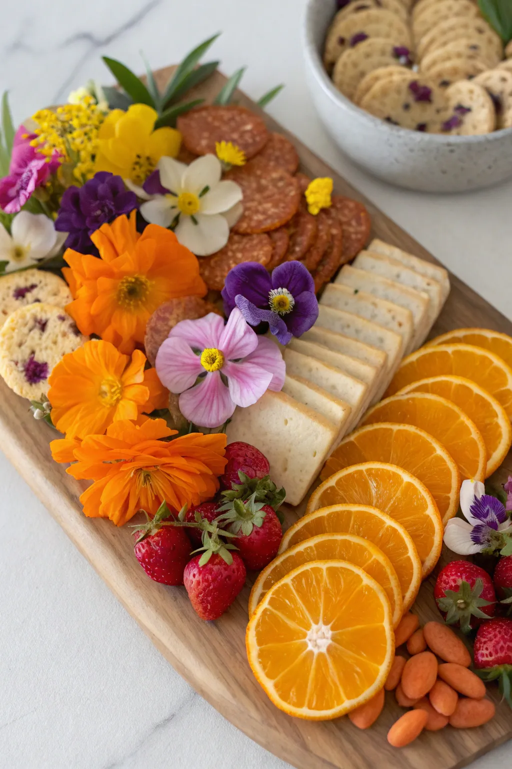 Edible flowers bring a vibrant, artistic touch.