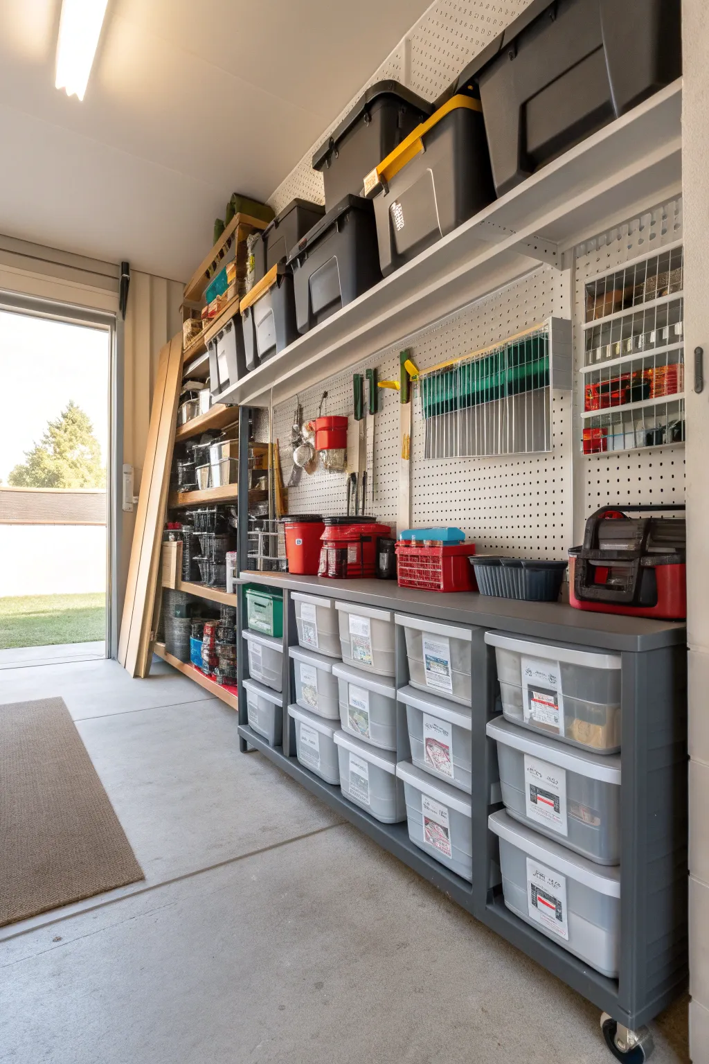 A garage efficiently organized with labeled storage