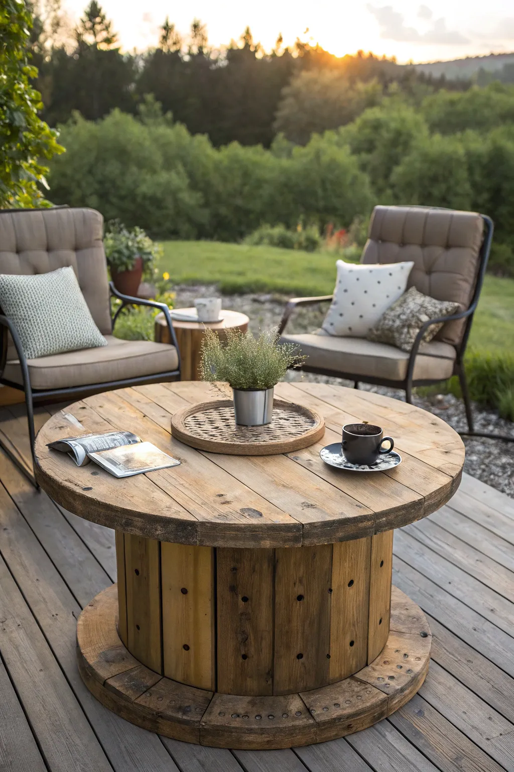 Transform your outdoor space with a rustic cable spool coffee table, perfect for relaxing moments.