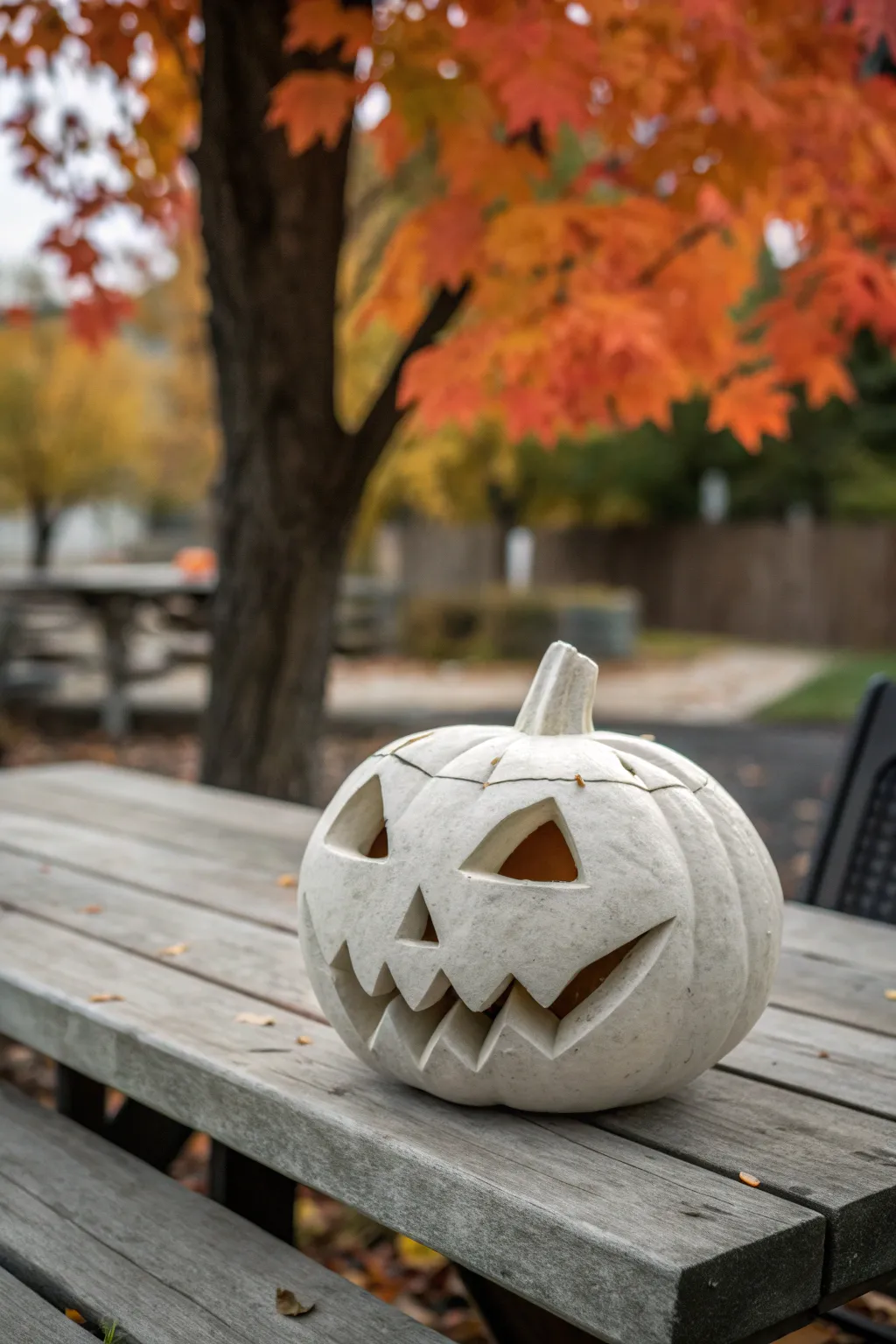 Elevate your Halloween decor with a sleek cement jack-o-lantern that defies the elements.