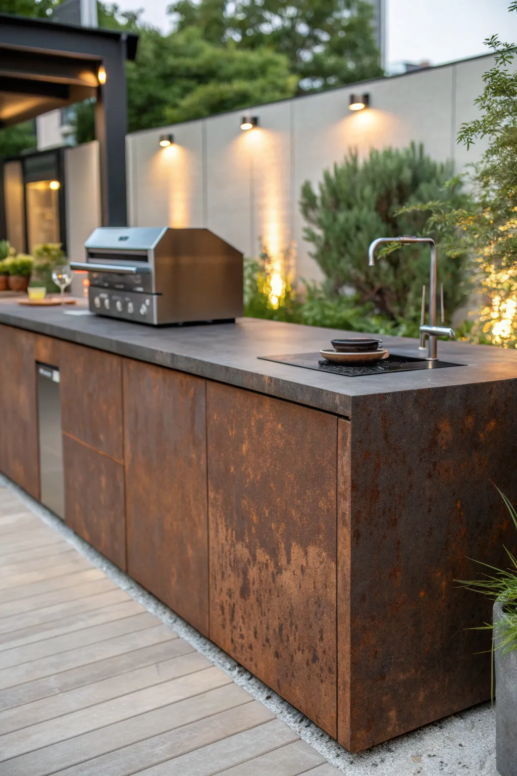 Transform your outdoor kitchen with the rugged elegance of corten steel countertops, where style meets industrial charm.