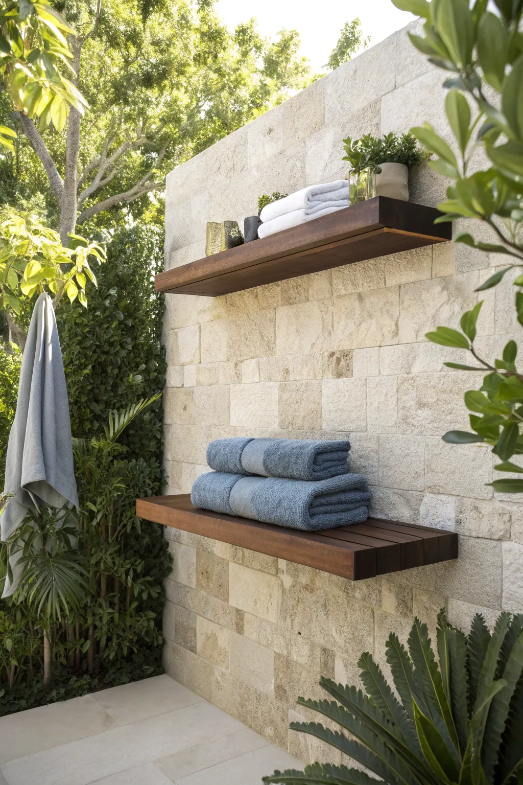 Elevate your outdoor space with sleek floating shelves—where modern design meets practical elegance.