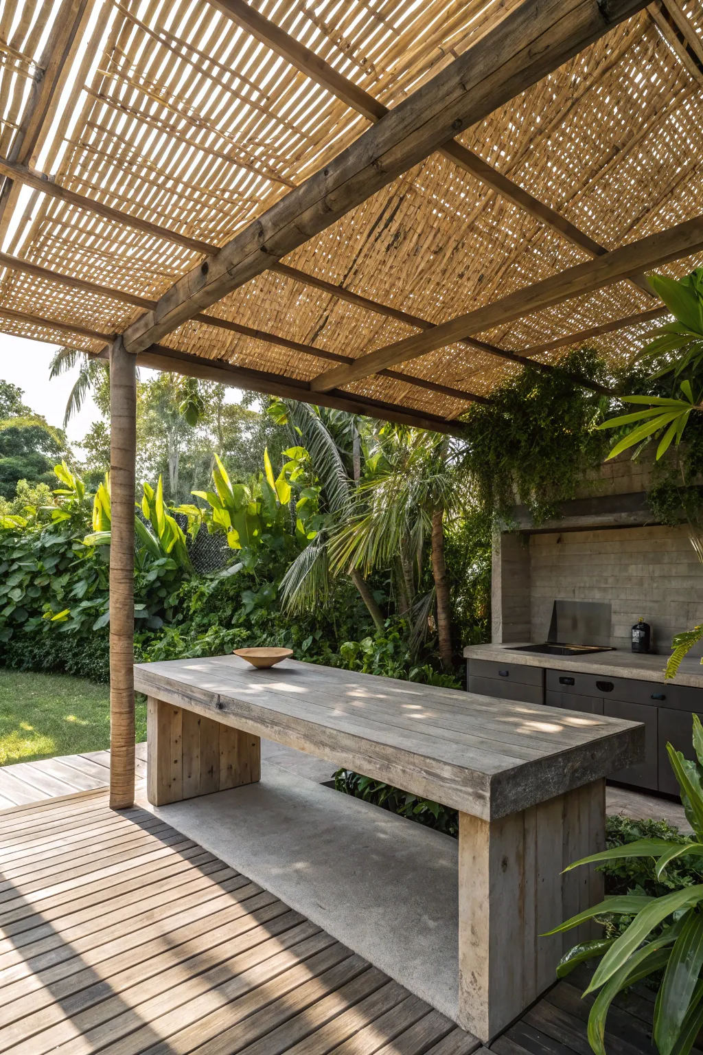 Transform your workspace into a tropical retreat with a stylish bamboo privacy roof.