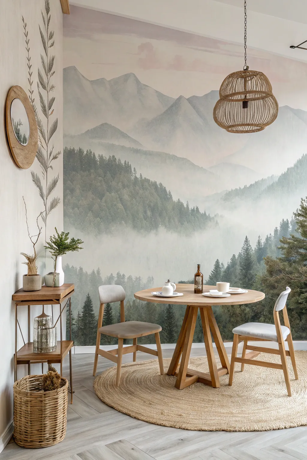 Transform your space with a touch of nature: a mountain mural that brings serenity to your dining area.
