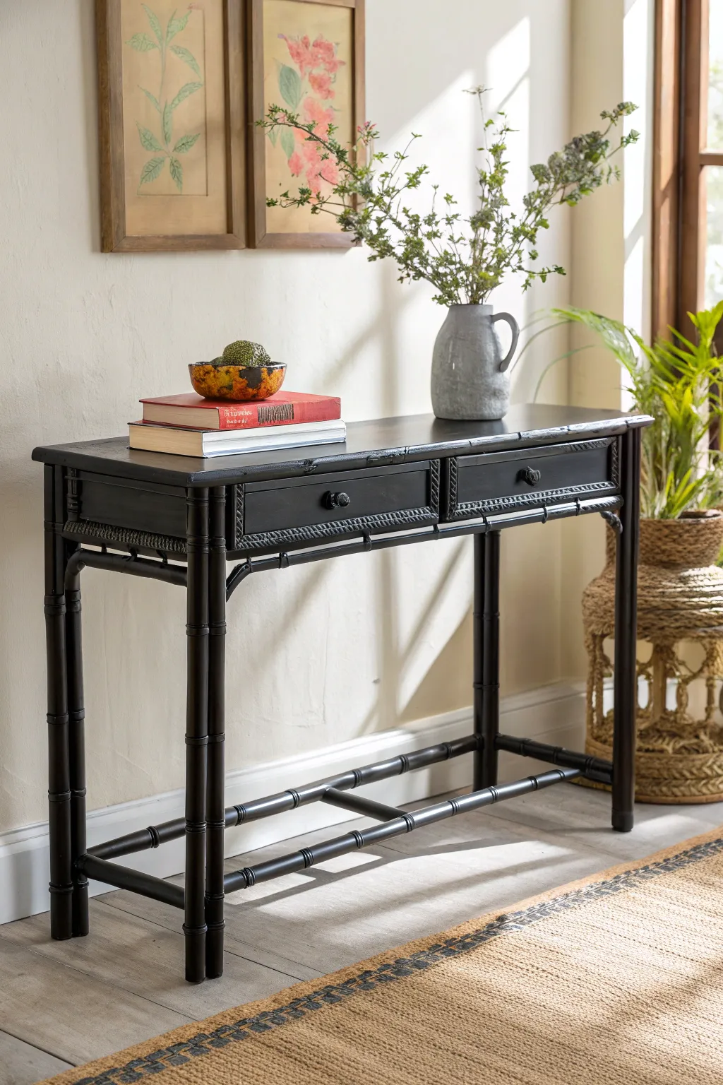 Transform your space with an elegant black bamboo console table – the perfect blend of minimalist style and vibrant accents.