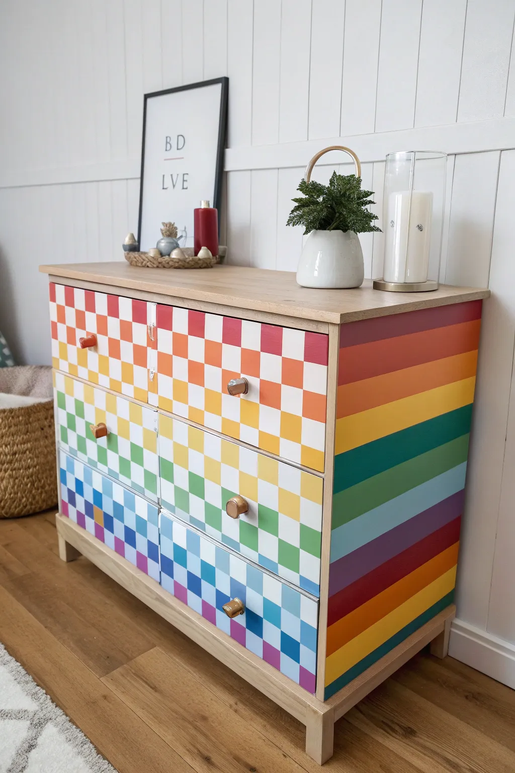 Add a splash of joy to your space with a rainbow checkerboard dresser – where minimalist elegance meets boho whimsy.