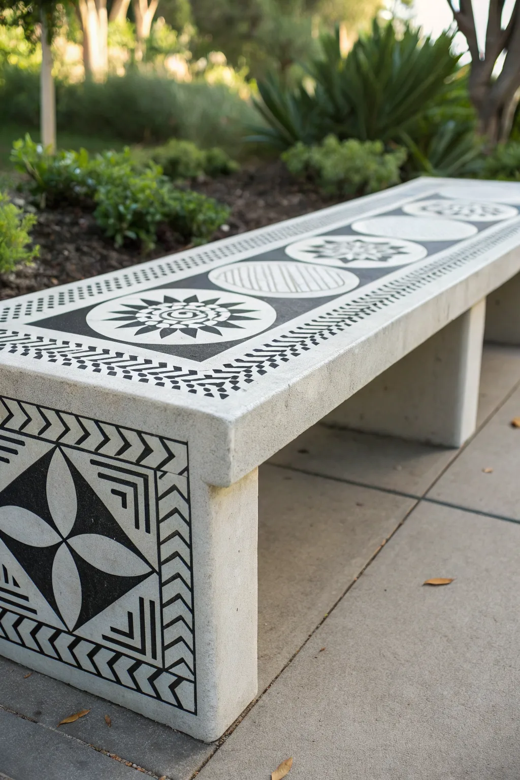 Transform your space with artistic stencils: a concrete bench becomes a masterpiece.