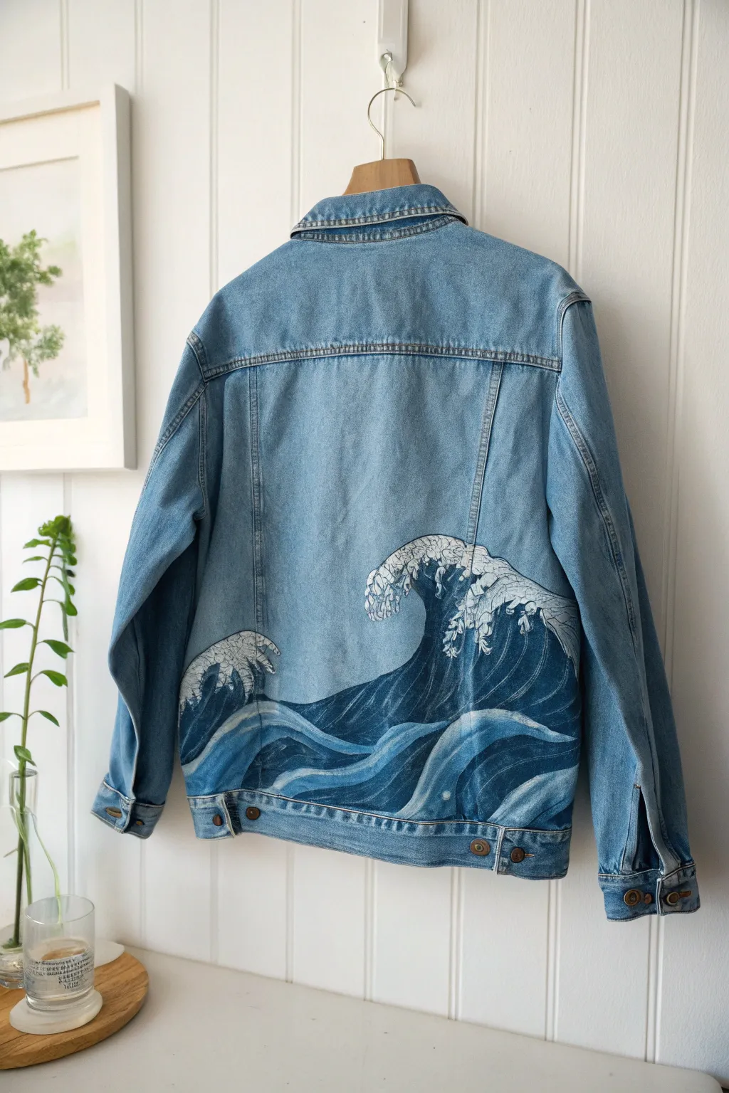 Ride the waves of style with a hand-painted ocean wave denim jacket.