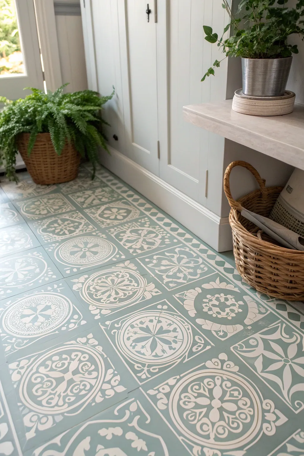 Transform your space with the timeless charm of a painted linoleum floor that captures the essence of vintage elegance.