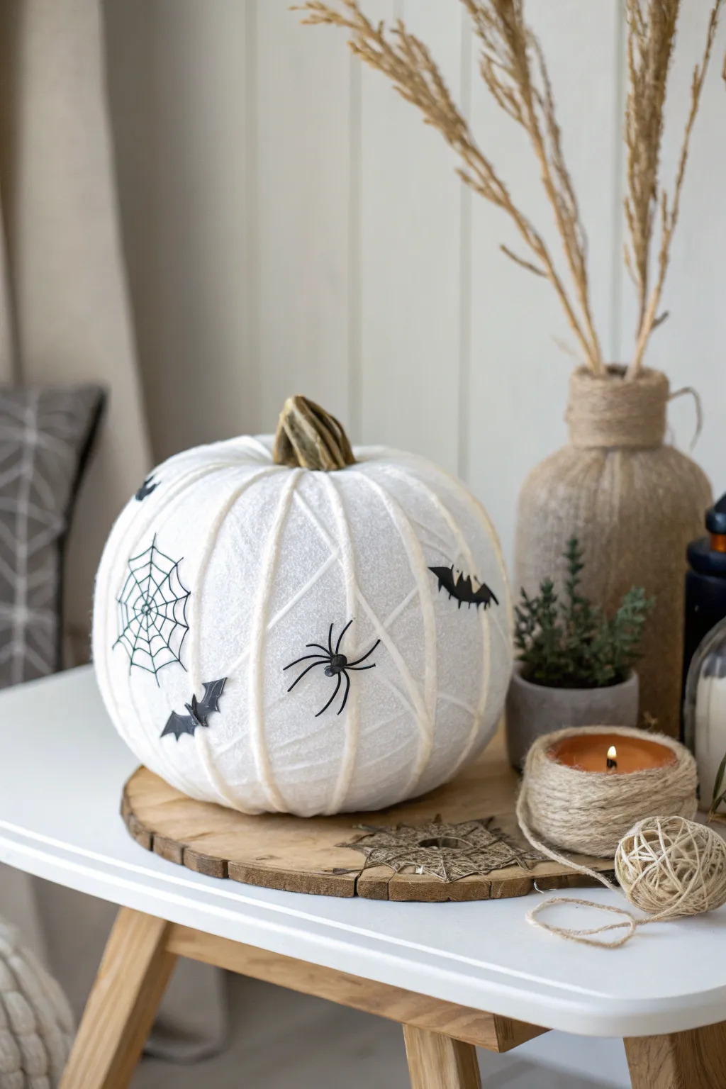 Elevate your Halloween decor with this chic mummy pumpkin, blending minimalist charm with a spooky twist.
