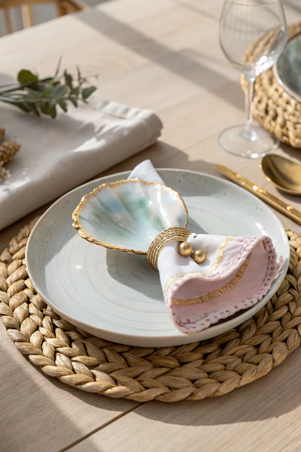 Elevate your dining experience with seaside elegance: Painted oyster shell napkin rings.