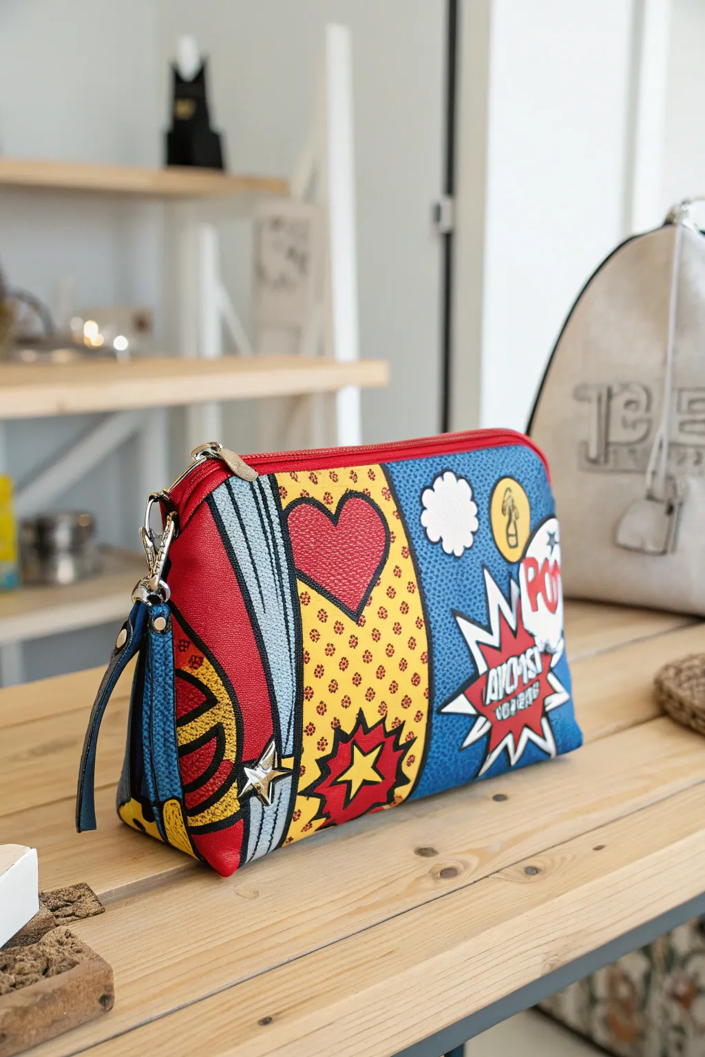 Add a splash of retro pop art to your style with this vibrant purse, where timeless design meets modern flair.