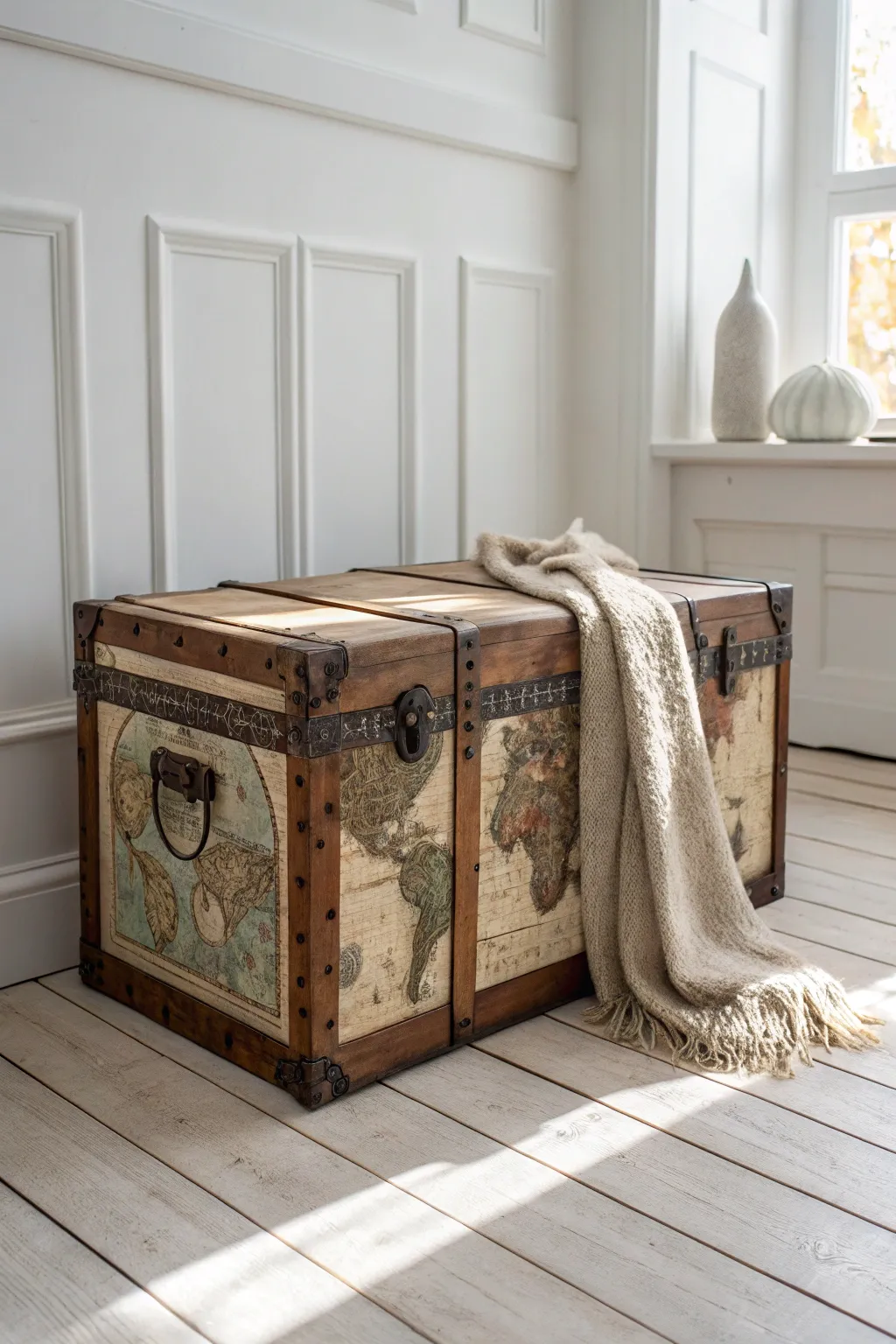 Transform your space with a vintage map decoupage trunk - where travel dreams meet elegant design.