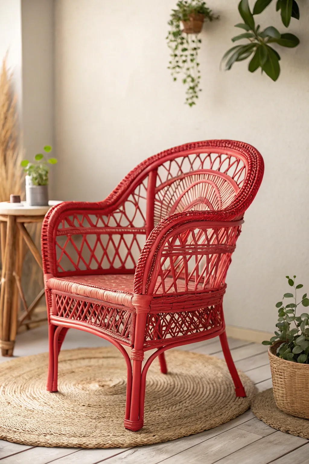 Make a bold statement with vibrant red wicker furniture that captivates and delights.