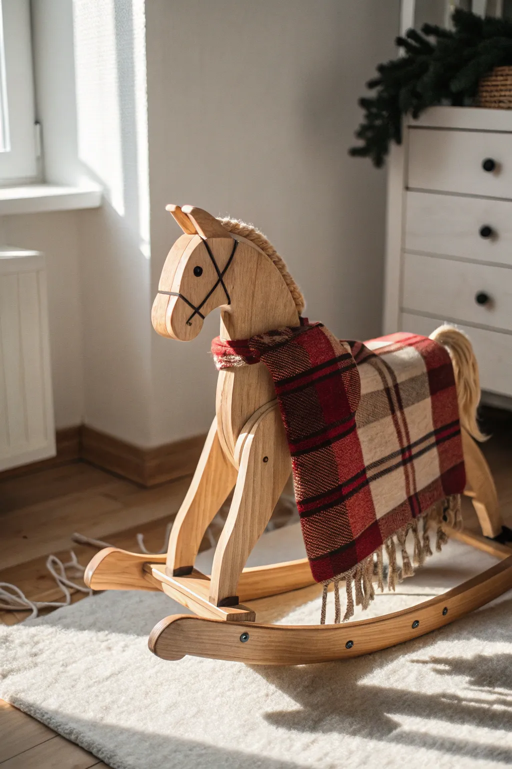 Warm up your space with a plaid-patterned rocking horse, perfect for a cozy, minimalist vibe.