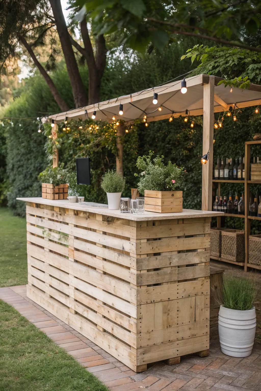 Elevate your outdoor gatherings with a chic pallet bar, where simplicity meets bohemian elegance.