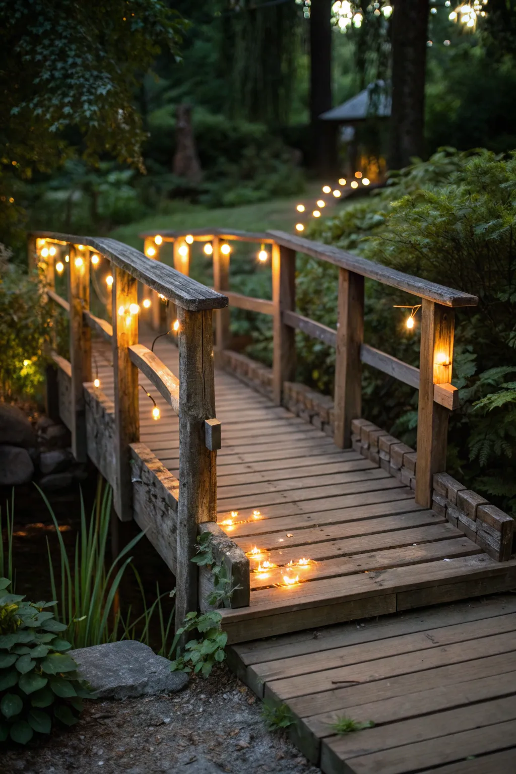 Illuminate your garden with a rustic pallet bridge and solar lights for a magical evening escape.