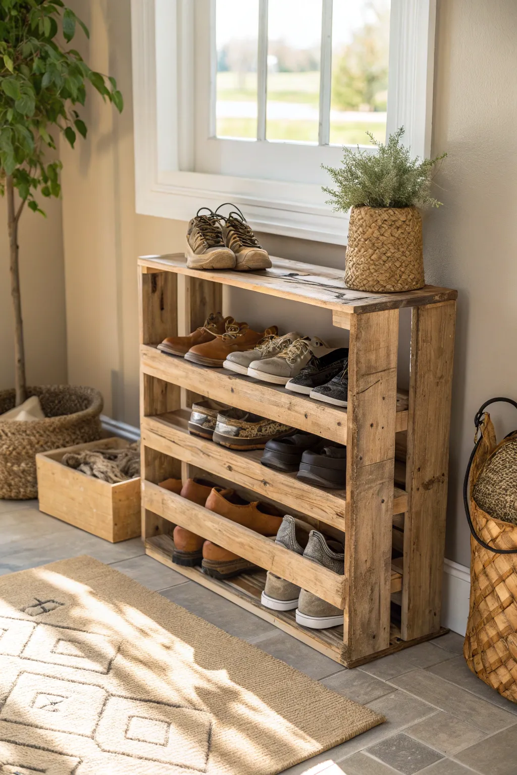Transform your entryway with this chic pallet shoe rack, where simplicity meets natural elegance.