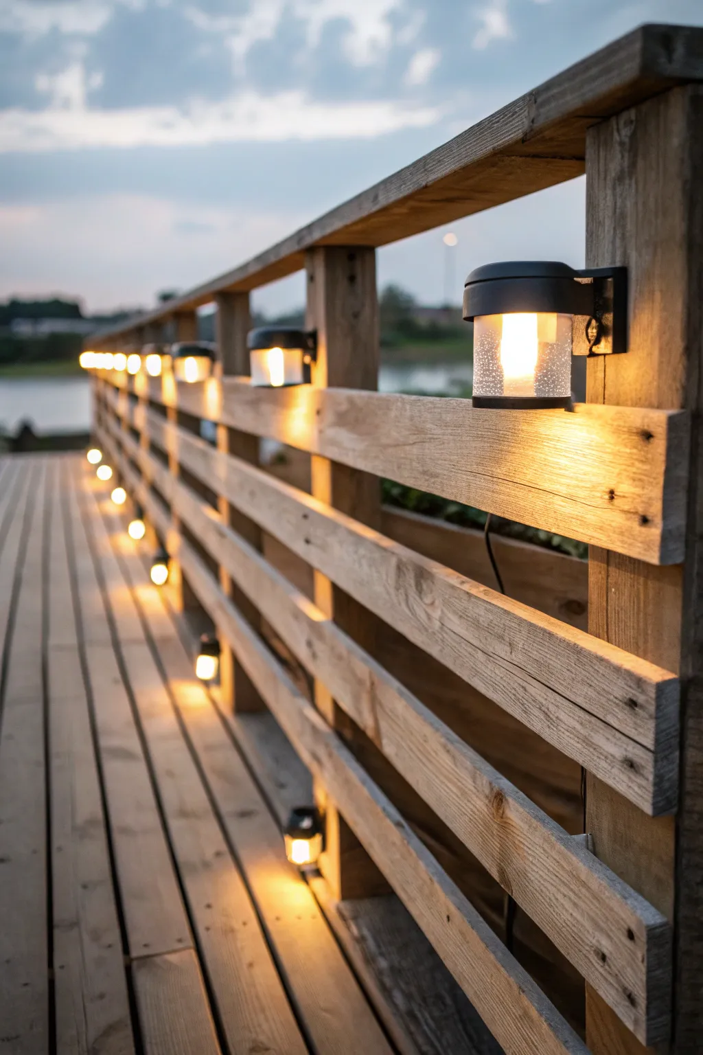 Illuminate your evenings with stylish solar lights on pallet railings for a captivating outdoor retreat.