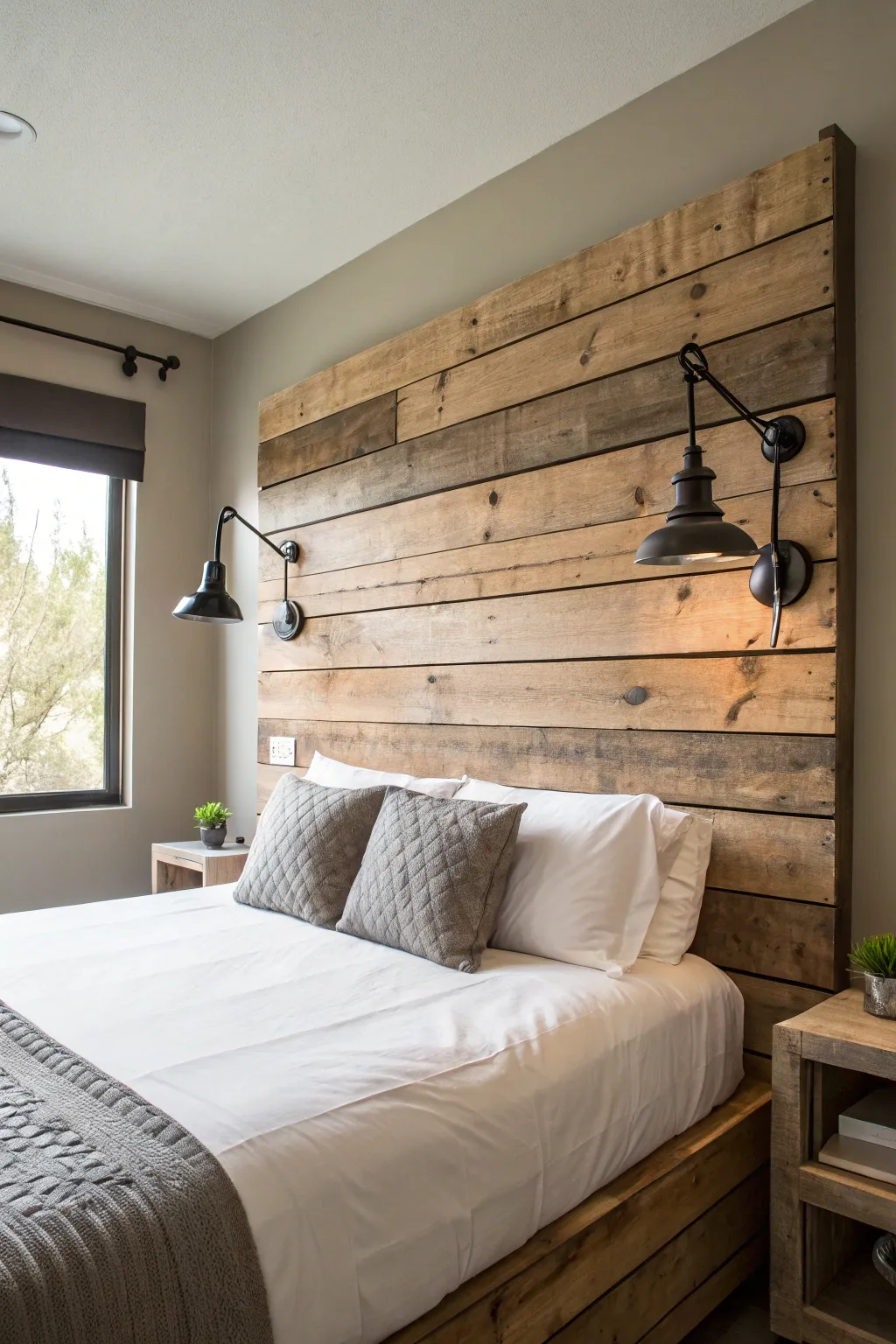 Transform your bedroom with a chic pallet headboard that blends rustic charm with modern style.