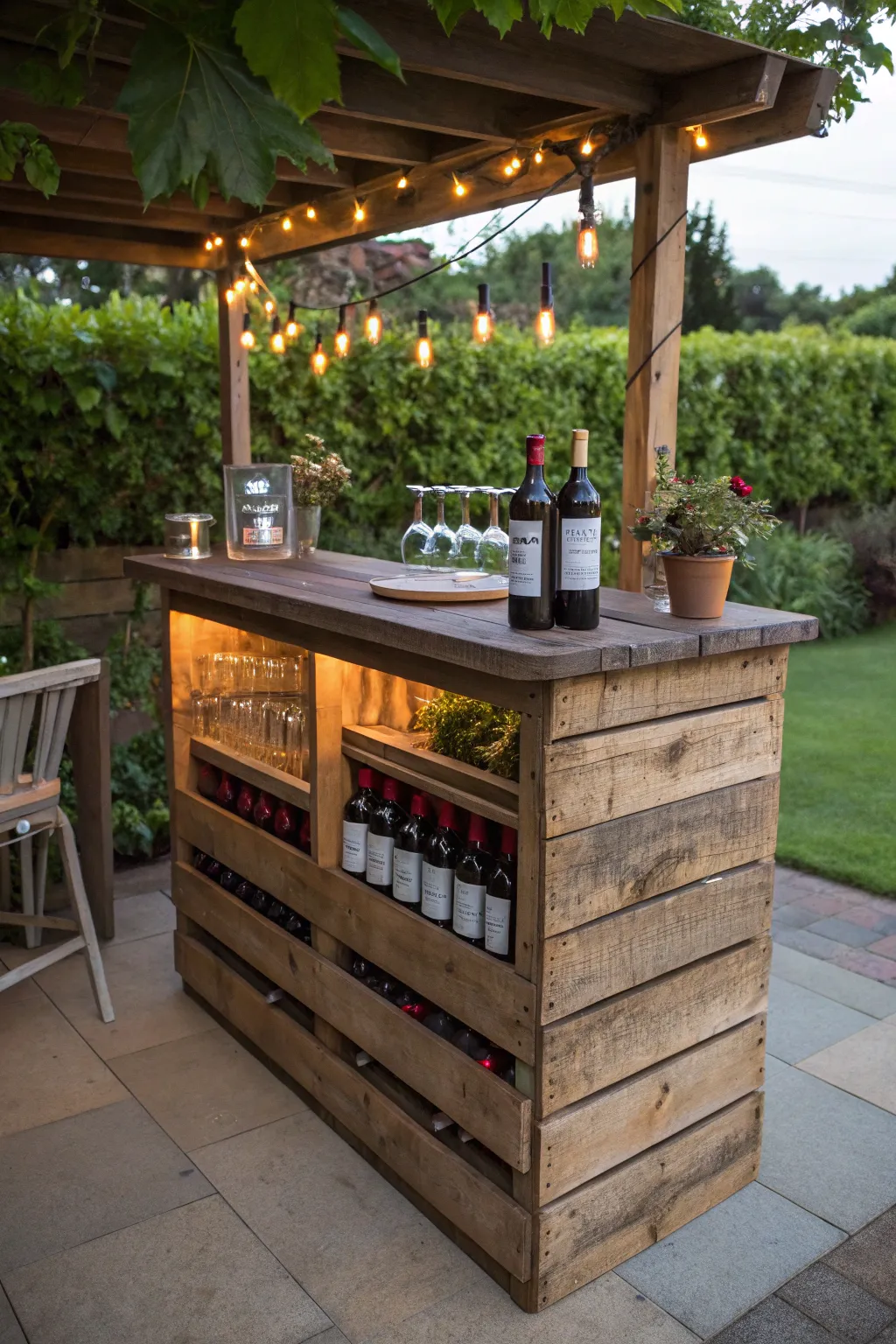 Elevate your outdoor gatherings with a stylish pallet bar complete with a built-in wine rack.