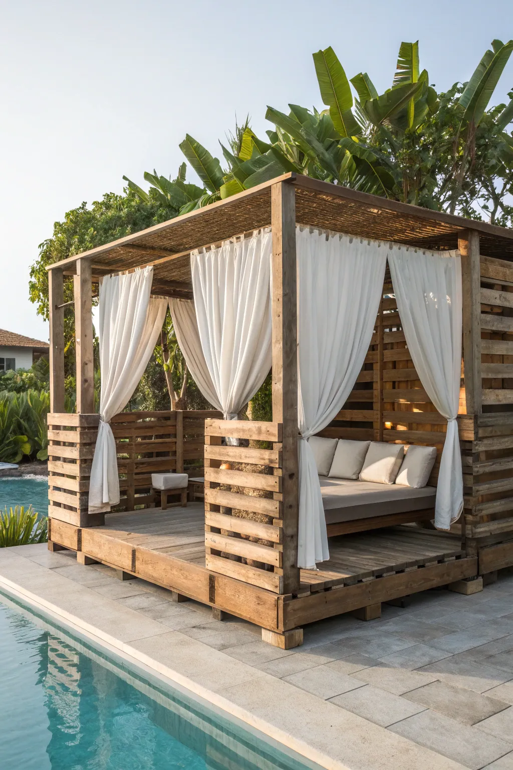 Transform your backyard into a resort retreat with a chic pallet cabana by the pool.
